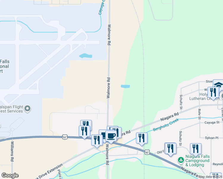 map of restaurants, bars, coffee shops, grocery stores, and more near 6607 Walmore Road in Niagara Falls