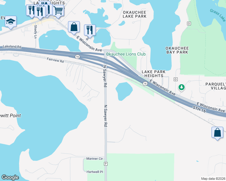 map of restaurants, bars, coffee shops, grocery stores, and more near 4512-4718 North Sawyer Road in Oconomowoc