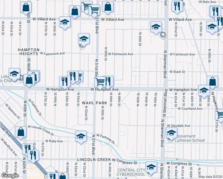 map of restaurants, bars, coffee shops, grocery stores, and more near W Hampton Ave & N 49th St in Milwaukee