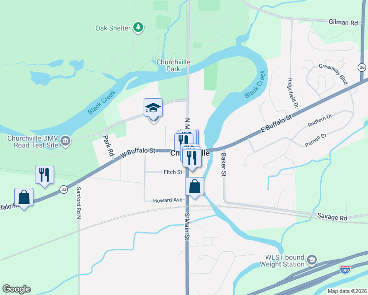 map of restaurants, bars, coffee shops, grocery stores, and more near 4 West Buffalo Street in Churchville
