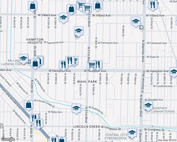 map of restaurants, bars, coffee shops, grocery stores, and more near W Hampton Ave & N 51st Blvd in Milwaukee