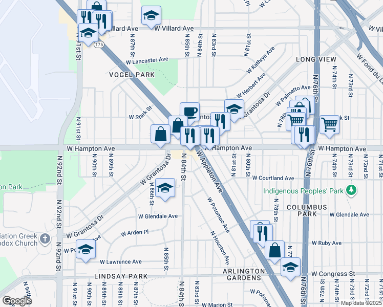 map of restaurants, bars, coffee shops, grocery stores, and more near 4724 North 84th Street in Milwaukee