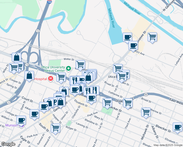 map of restaurants, bars, coffee shops, grocery stores, and more near 121 Hotel Street in Utica