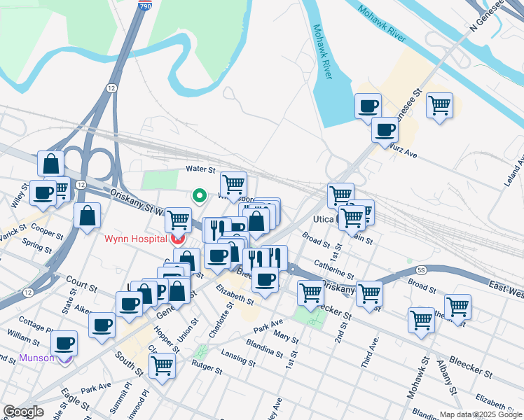 map of restaurants, bars, coffee shops, grocery stores, and more near 121 Hotel Street in Utica