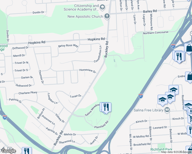 map of restaurants, bars, coffee shops, grocery stores, and more near 6891 Buckley Road in Syracuse