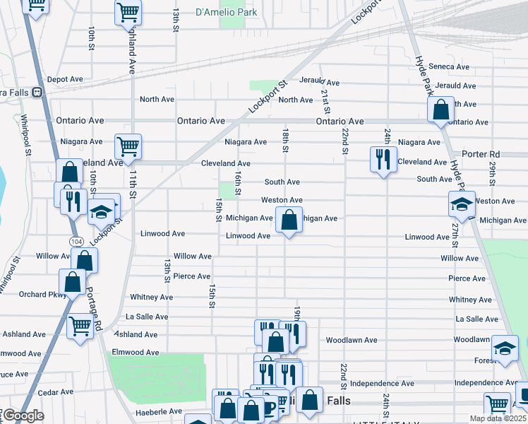 map of restaurants, bars, coffee shops, grocery stores, and more near 1639 Michigan Avenue in Niagara Falls