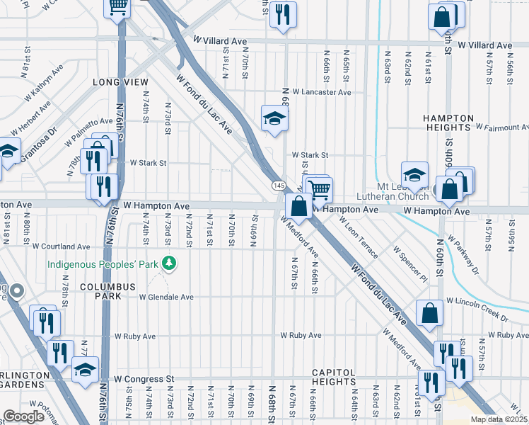 map of restaurants, bars, coffee shops, grocery stores, and more near 4748 North 69th Street in Milwaukee