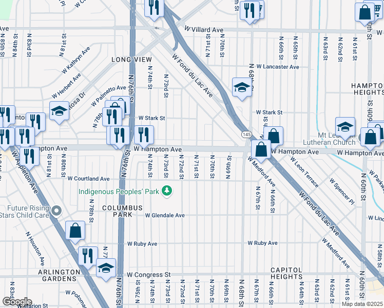 map of restaurants, bars, coffee shops, grocery stores, and more near 4746 North 71st Street in Milwaukee