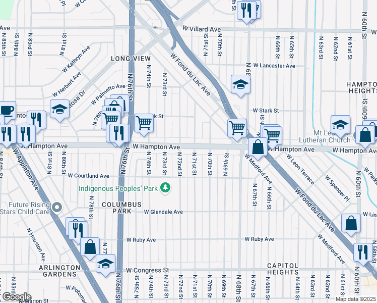 map of restaurants, bars, coffee shops, grocery stores, and more near 4746 North 71st Street in Milwaukee