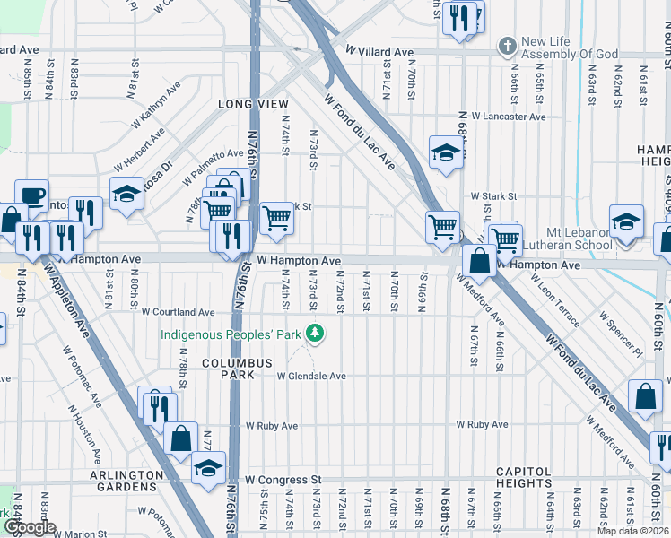 map of restaurants, bars, coffee shops, grocery stores, and more near 4747 North 72nd Street in Milwaukee