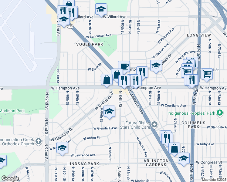 map of restaurants, bars, coffee shops, grocery stores, and more near 8525 West Grantosa Drive in Milwaukee