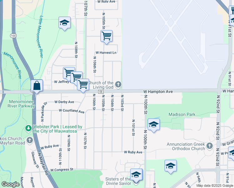 map of restaurants, bars, coffee shops, grocery stores, and more near 4739 North 103rd Street in Wauwatosa