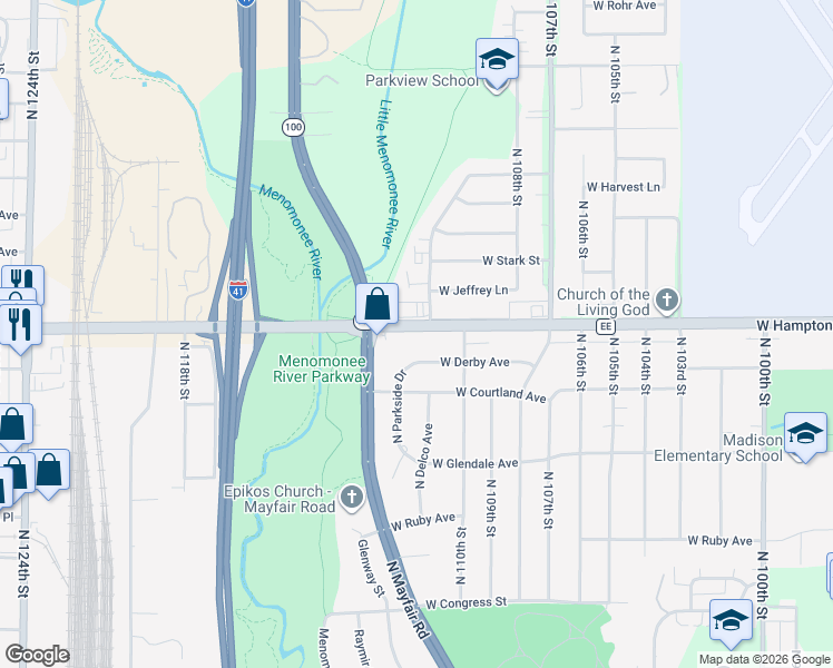 map of restaurants, bars, coffee shops, grocery stores, and more near 4735 North Parkside Drive in Wauwatosa