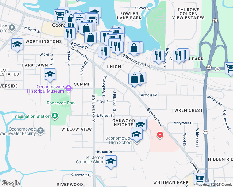 map of restaurants, bars, coffee shops, grocery stores, and more near 506 East Oak Street in Oconomowoc