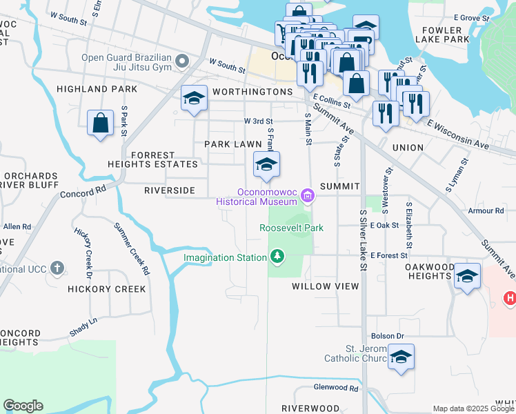map of restaurants, bars, coffee shops, grocery stores, and more near 603 South Worthington Street in Oconomowoc