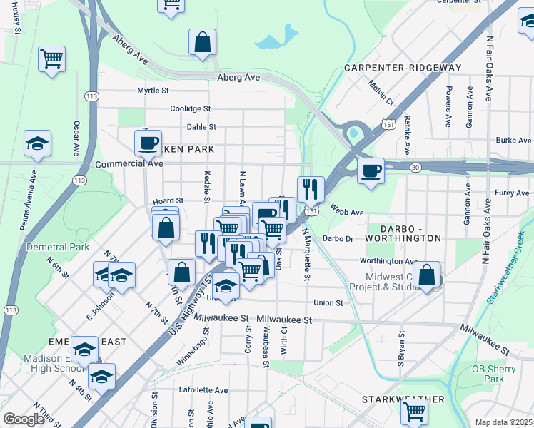 map of restaurants, bars, coffee shops, grocery stores, and more near 404 Algoma Street in Madison