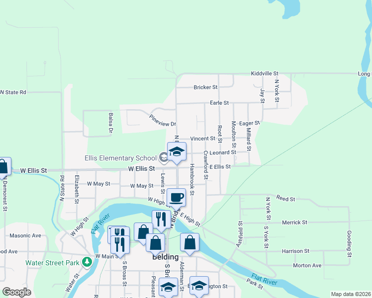 map of restaurants, bars, coffee shops, grocery stores, and more near 122 East Ellis Street in Belding