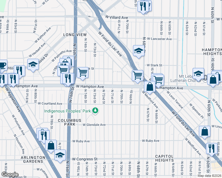 map of restaurants, bars, coffee shops, grocery stores, and more near 4746 North 71st Street in Milwaukee