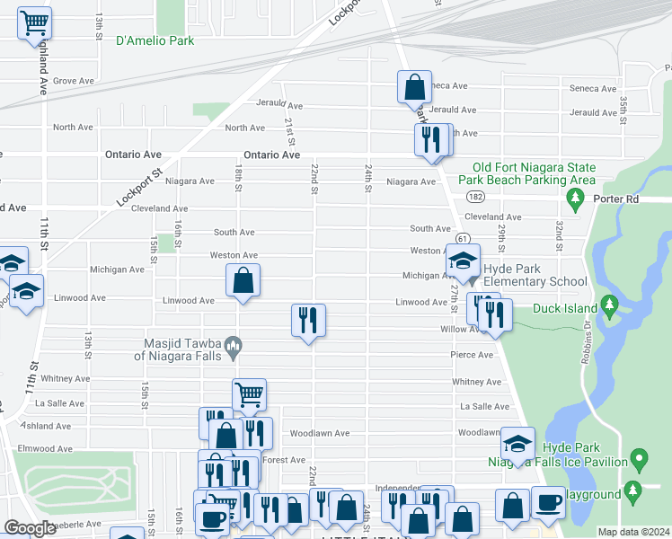 map of restaurants, bars, coffee shops, grocery stores, and more near 2224 Michigan Avenue in Niagara Falls