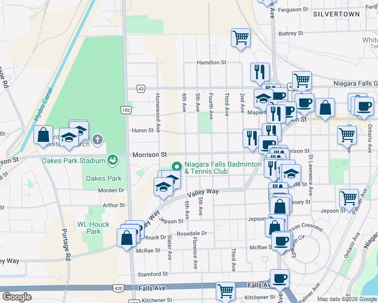 map of restaurants, bars, coffee shops, grocery stores, and more near 5201 Morrison Street in Niagara Falls