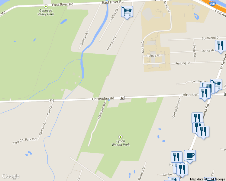 map of restaurants, bars, coffee shops, grocery stores, and more near 1200 Crittenden Road in Rochester