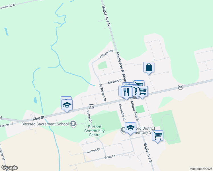 map of restaurants, bars, coffee shops, grocery stores, and more near 12 Stewart Drive in Brant