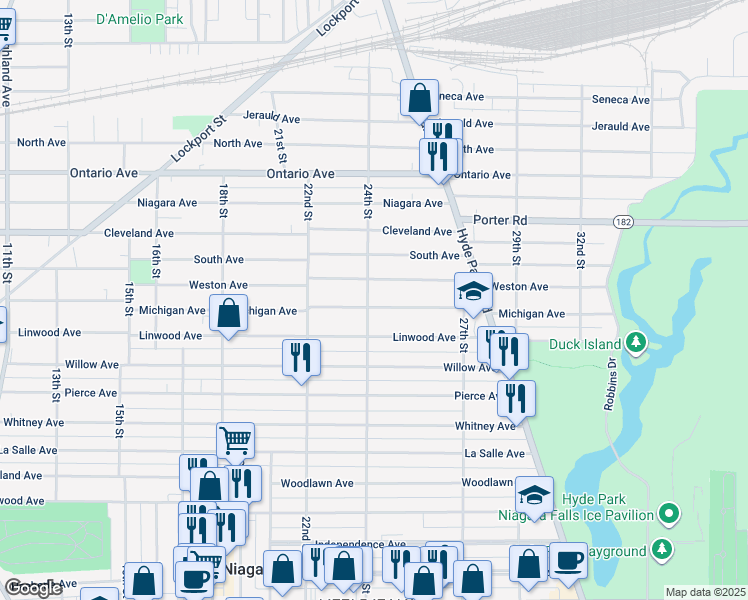 map of restaurants, bars, coffee shops, grocery stores, and more near 1705 24th Street in Niagara Falls