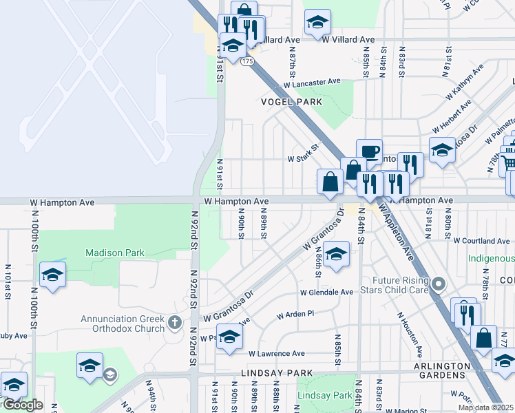 map of restaurants, bars, coffee shops, grocery stores, and more near 8907 West Hampton Avenue in Milwaukee