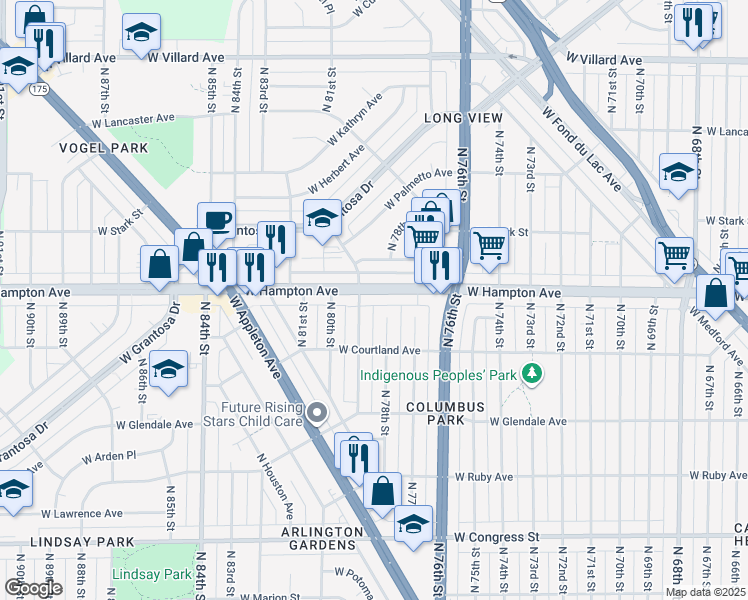 map of restaurants, bars, coffee shops, grocery stores, and more near 7811 West Hampton Avenue in Milwaukee