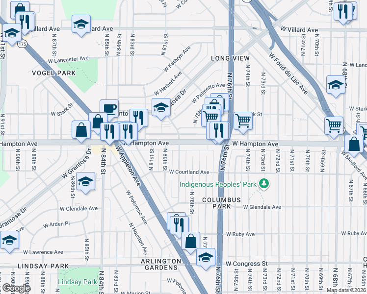 map of restaurants, bars, coffee shops, grocery stores, and more near 4743 North 78th Court in Milwaukee