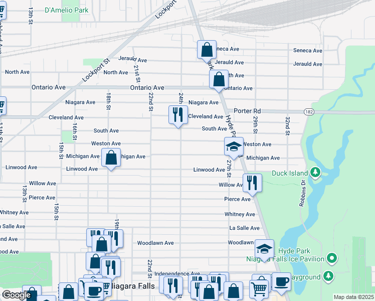 map of restaurants, bars, coffee shops, grocery stores, and more near 2414 Michigan Avenue in Niagara Falls
