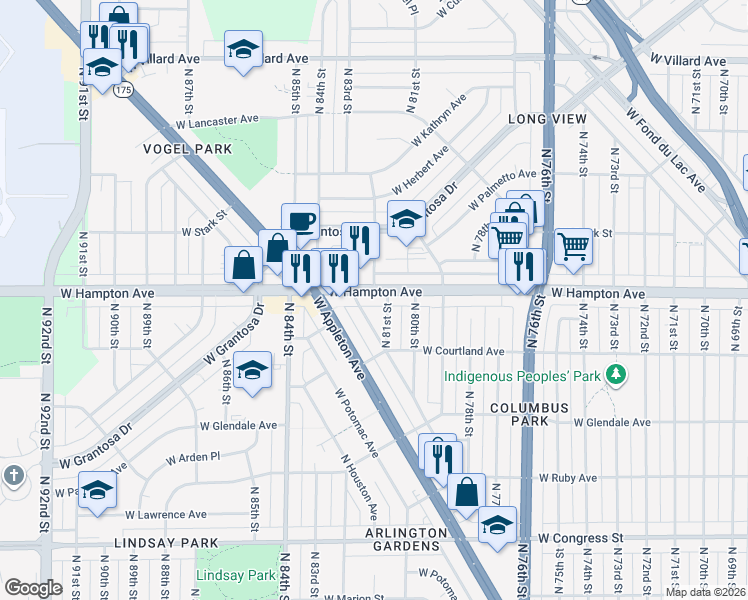 map of restaurants, bars, coffee shops, grocery stores, and more near 8115 West Hampton Avenue in Milwaukee