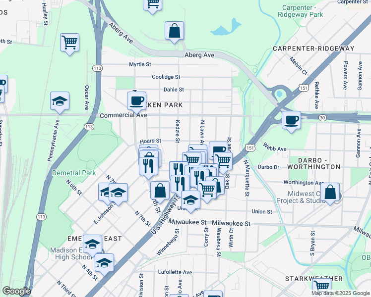 map of restaurants, bars, coffee shops, grocery stores, and more near 321 Kedzie Street in Madison