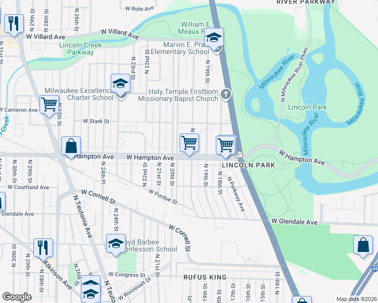 map of restaurants, bars, coffee shops, grocery stores, and more near in Milwaukee