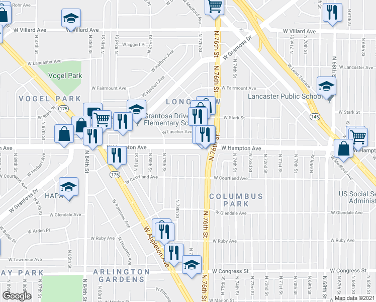 map of restaurants, bars, coffee shops, grocery stores, and more near 4740 North 77th Court in Milwaukee