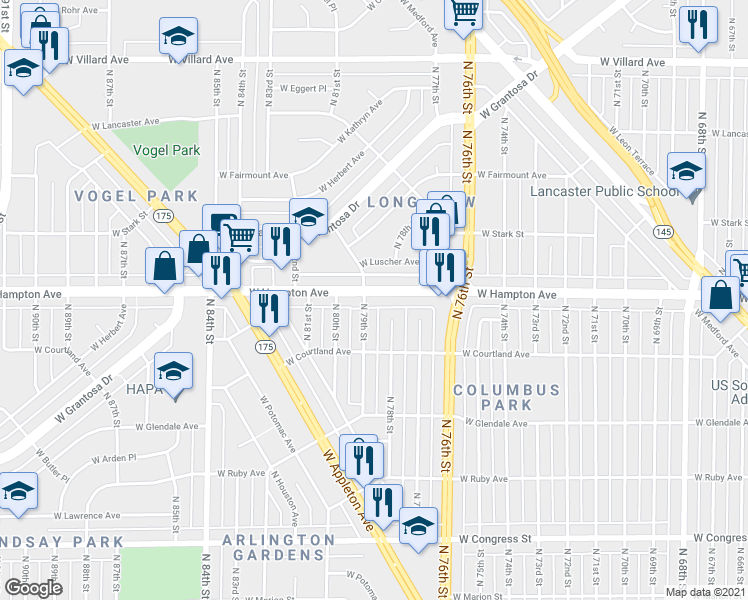 map of restaurants, bars, coffee shops, grocery stores, and more near 4743 North 78th Court in Milwaukee