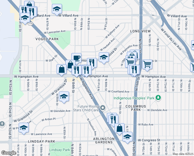 map of restaurants, bars, coffee shops, grocery stores, and more near 8151 West Beckett Avenue in Milwaukee