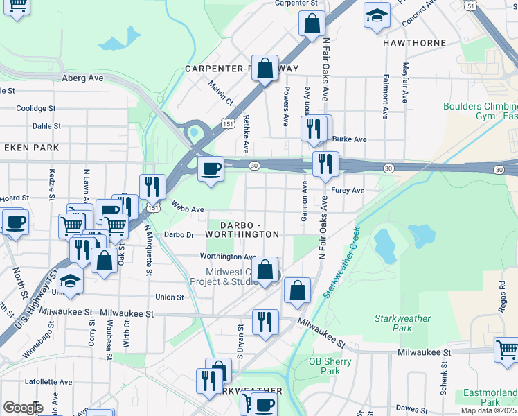 map of restaurants, bars, coffee shops, grocery stores, and more near 411 Memphis Avenue in Madison