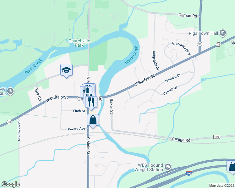 map of restaurants, bars, coffee shops, grocery stores, and more near 35 East Buffalo Street in Churchville
