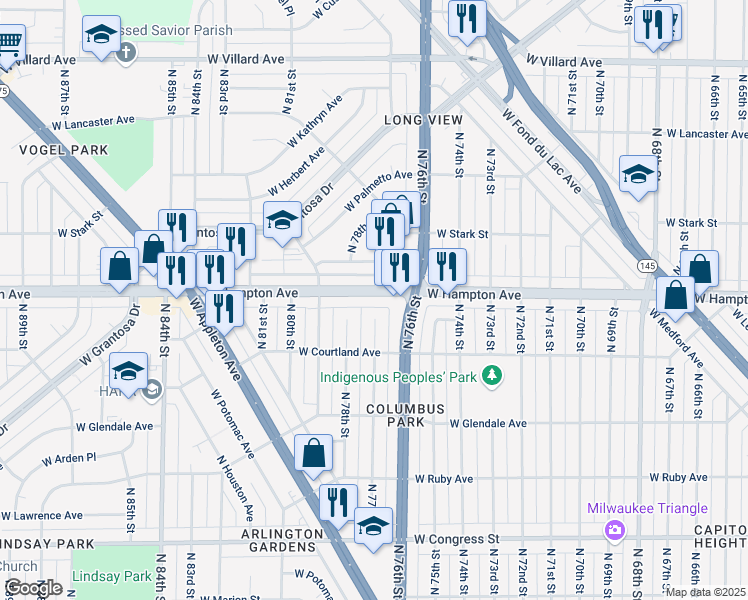 map of restaurants, bars, coffee shops, grocery stores, and more near 7701 West Hampton Avenue in Milwaukee