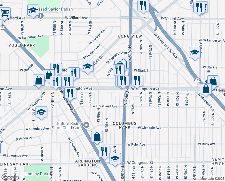map of restaurants, bars, coffee shops, grocery stores, and more near 7711 West Hampton Avenue in Milwaukee