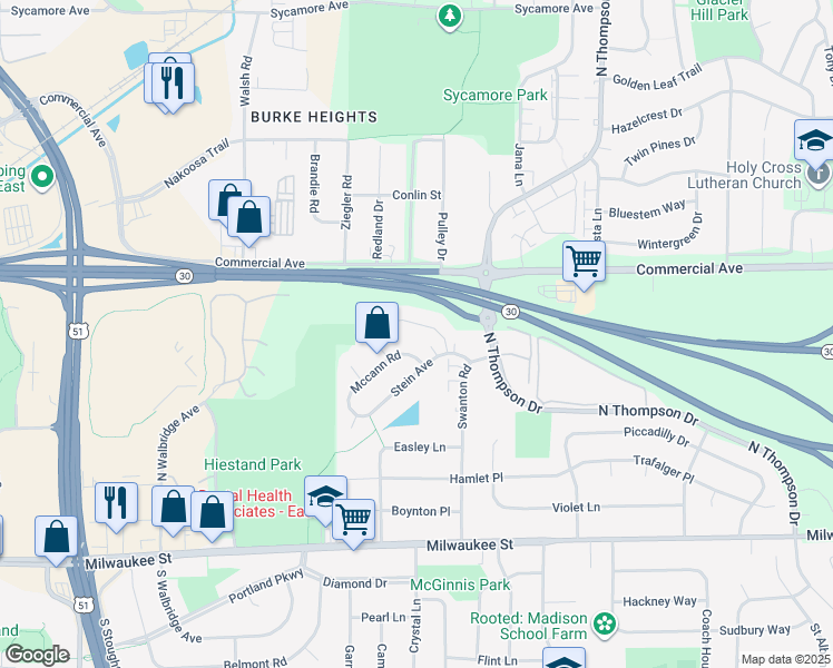 map of restaurants, bars, coffee shops, grocery stores, and more near 4557 Mccann Road in Madison