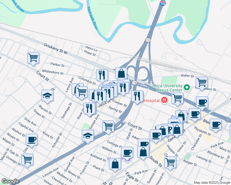 map of restaurants, bars, coffee shops, grocery stores, and more near 704 Columbia Street in Utica