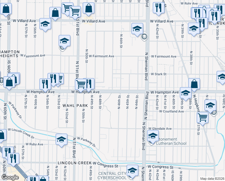map of restaurants, bars, coffee shops, grocery stores, and more near W Hampton Ave & N 47th St in Milwaukee