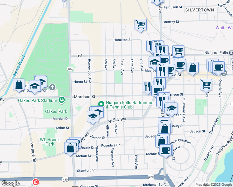 map of restaurants, bars, coffee shops, grocery stores, and more near 5162 Huron Street in Niagara Falls
