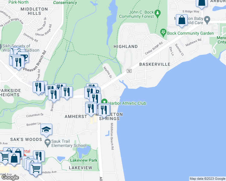 map of restaurants, bars, coffee shops, grocery stores, and more near 2825 Dewey Court in Middleton