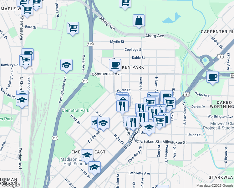 map of restaurants, bars, coffee shops, grocery stores, and more near 510 Maywood Street in Madison