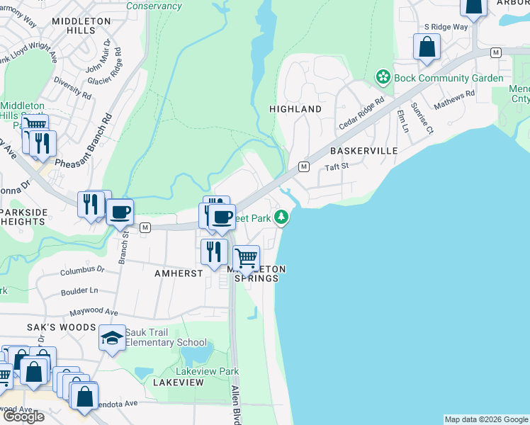 map of restaurants, bars, coffee shops, grocery stores, and more near 2825 Dewey Court in Middleton