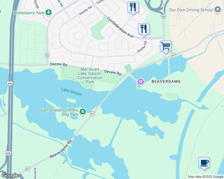 map of restaurants, bars, coffee shops, grocery stores, and more near 1842 Beaverdams Road in Thorold