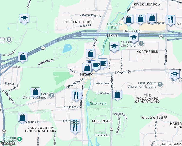 map of restaurants, bars, coffee shops, grocery stores, and more near 122 East Capitol Drive in Hartland